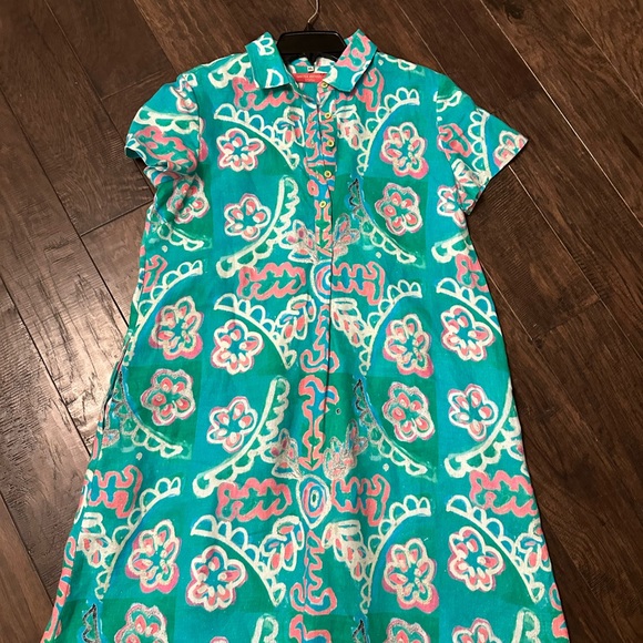 Amanda Johnson Studio Green Floral 100% Linen Shirt Dress $296 - Size XL - Picture 3 of 5